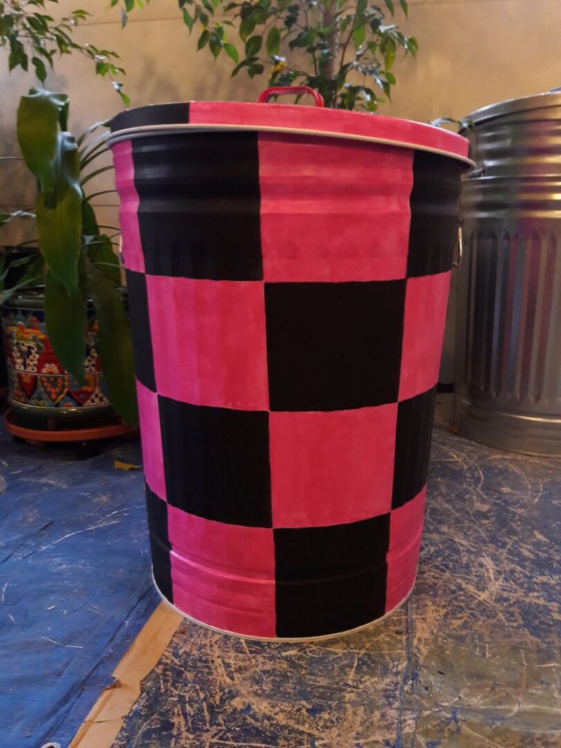 30 Gallon black and fuchsia large checks. The Painted Can