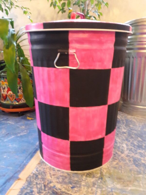 10 Gallon Galvanized Can red and black large checks. The Painted Can