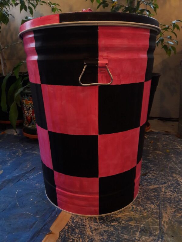 10 Gallon Galvanized Can red and black large checks. The Painted Can