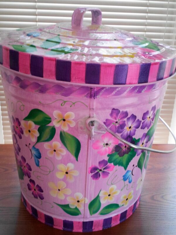 10 Gallon bright pink wash, floral, purple lid can. The Painted Can
