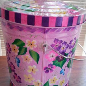 10 Gallon Bright Pink Wash, Roping, Bright Floral, 3 Dimensional Scrolling, Pink,Purple Check Lid Rim and Can Base. The Painted Can