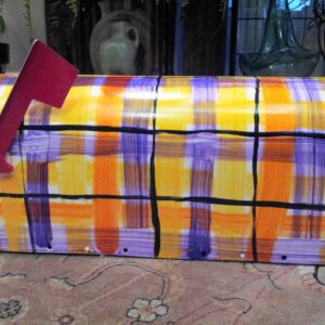 Mailbox bright plaid orange, purple, yellow, black. The Painted Can