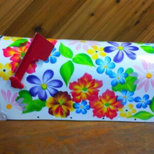 Mailbox Bright white with vibrant multi colored floral, greenery. The Painted Can