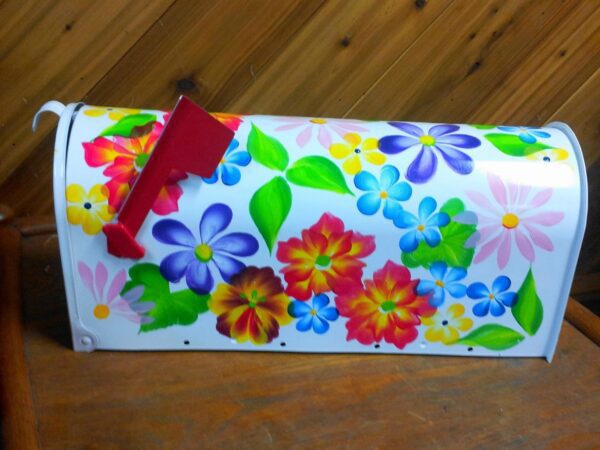 Mailbox Bright white with vibrant multi colored floral, greenery. The Painted Can