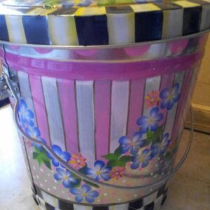 10 Gallon galvanized with stripes, floral, greenery, checks. The Painted Can