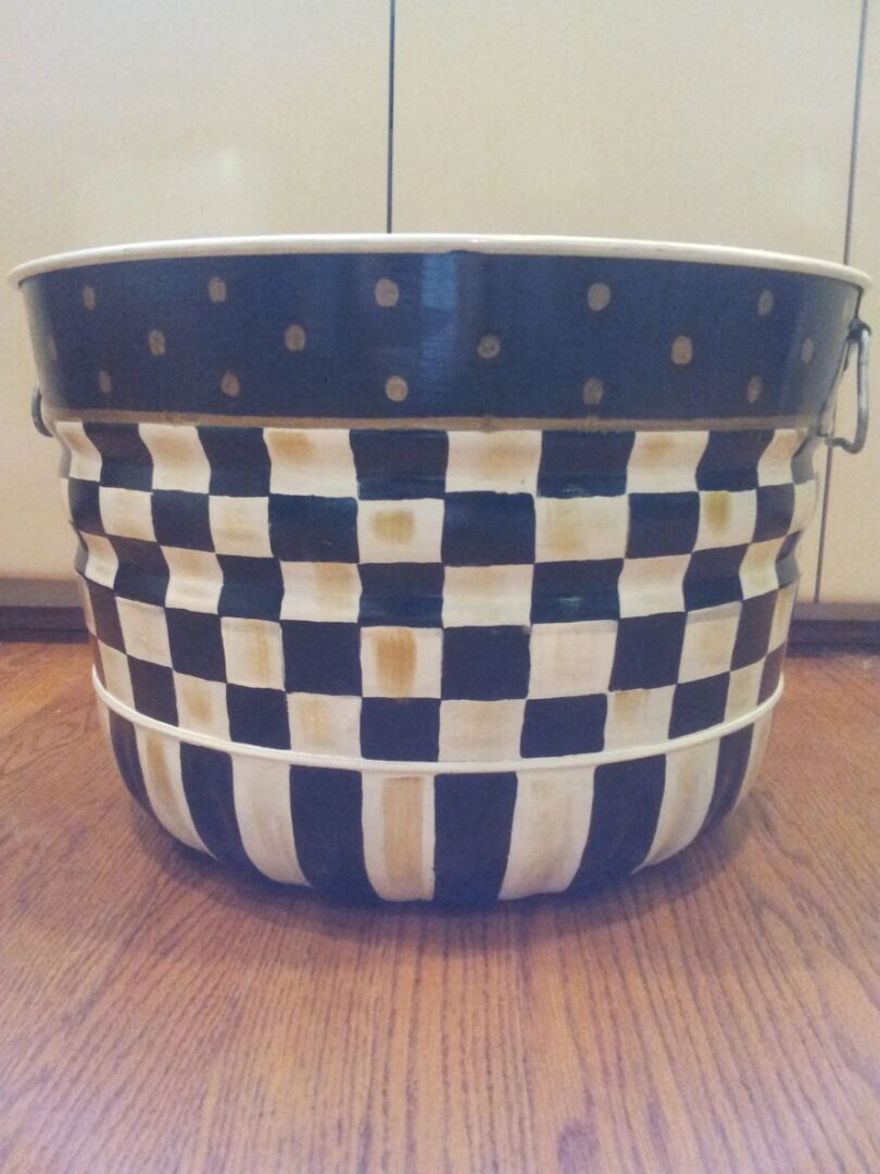Black and white checkered table cover bucket. The Painted Can