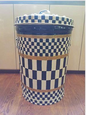 20 Gallon black and white check with gold dragging and banding. The Painted Can