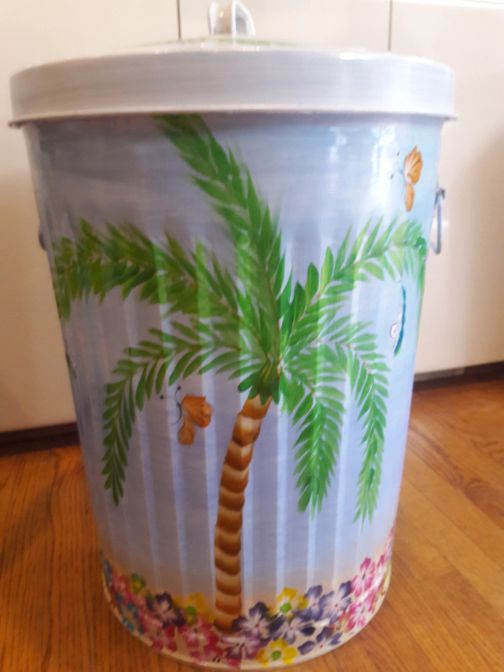 20 Gallon beach with palm trees, floral, dragon flies, butterflies. The Painted Can