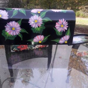 Mailbox black mailbox, purple floral, greenery, hummingbirds. The Painted Can