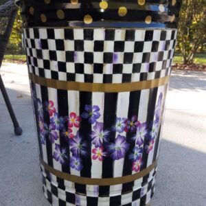 30 Gallon black & cream stripe check gold dragging & floral. The Painted Can